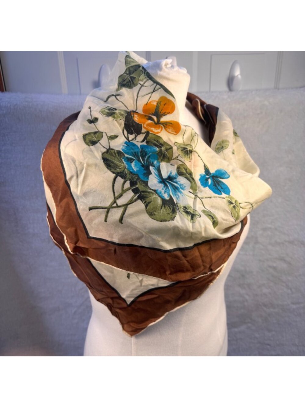 Vintage Floral cream Silk Scarf With Brown Border, Blue and Orange Flowers chic - Picture 2 of 5